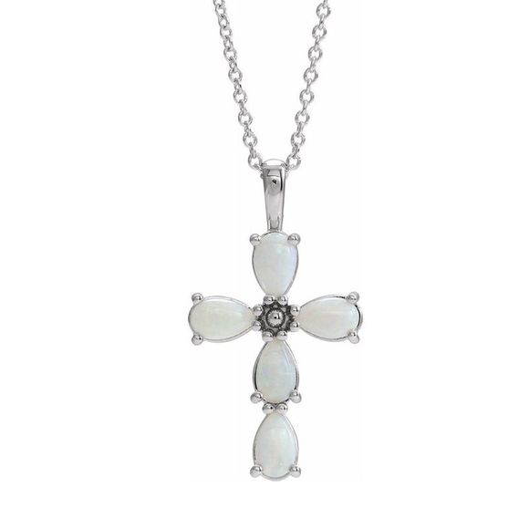 14K White Gold Cabochon White Opal Cross Necklace 16-18 Inch